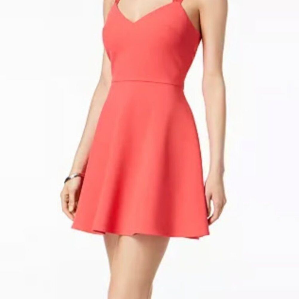 French Connection Coral Pink Fit & Flare Dress Strappy Criss-Cross Back Size 4